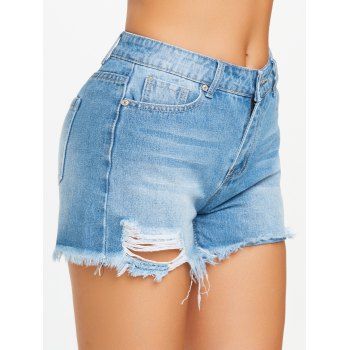 

Light Wash Ripped Frayed Denim Shorts, Blue