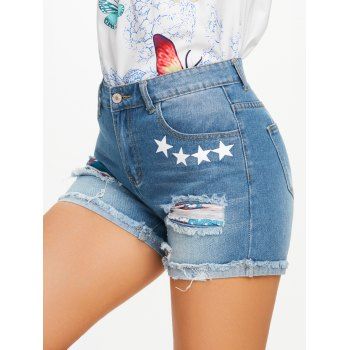 

Star Patriotic Ripped Raw Hem Denim Shorts, Blue