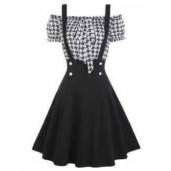 

Houndstooth Off Shoulder Knotted Puff Sleeve Top and Mock Button Suspender Skirt Two Piece Set, Black