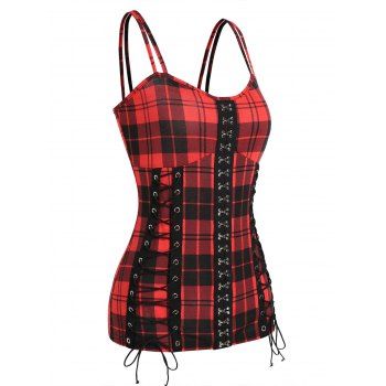 

Plaid Hook and Eye Lace Up Cami Top, Deep red