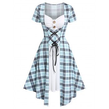 

Contrast Plaid Print 2-in-1 Mini Dress Lace Up Faux Twinset Dress Mock Button Asymmetric Pointed Hem A Line Dress, Light blue