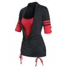 dresslily Vintage Colorblock Surplice Cinched Tie Ruched Faux Twinset Tee