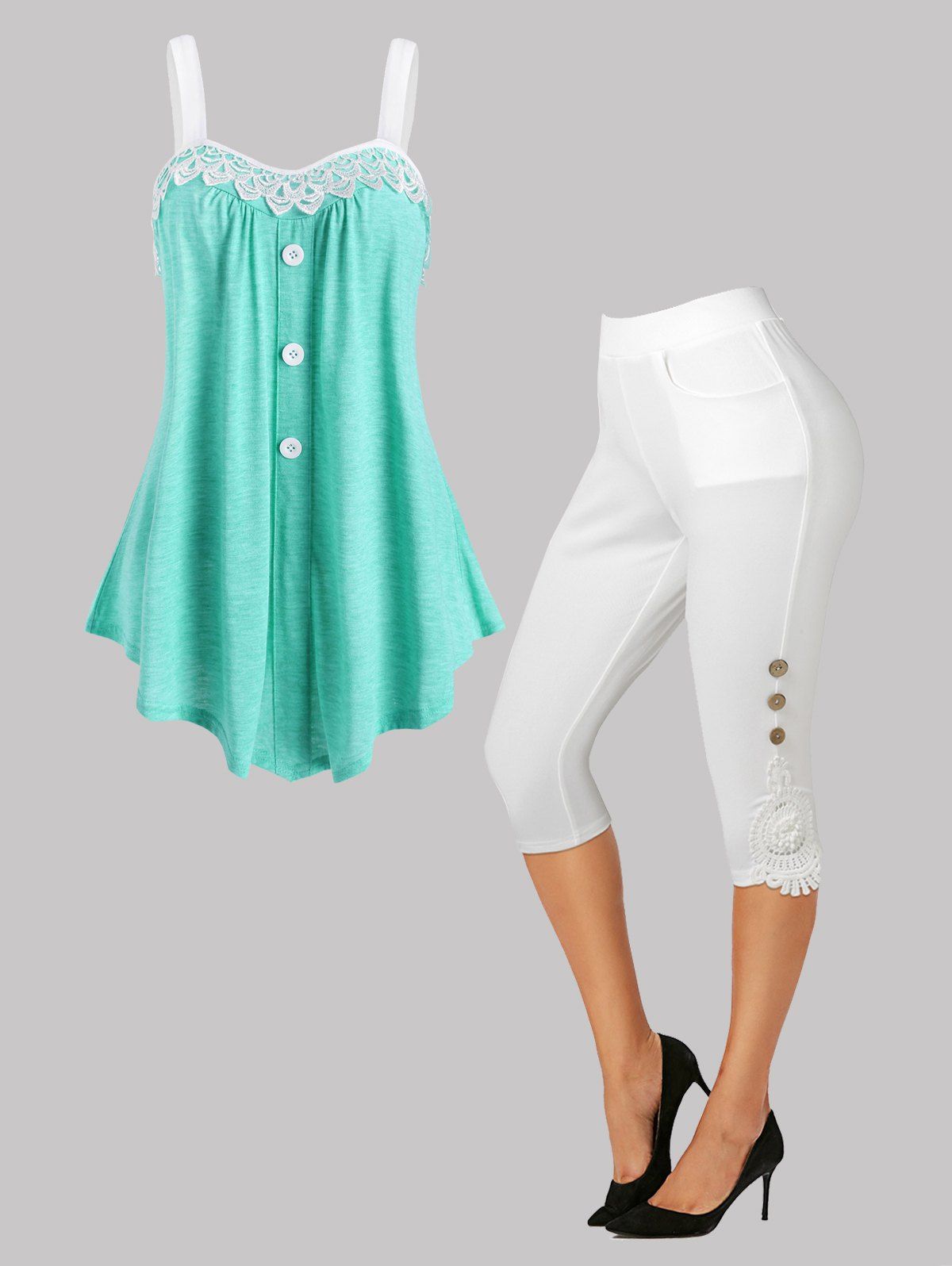 Lace Trim Cami Top and Capri Leggings Outfit - LIGHT GREEN M
