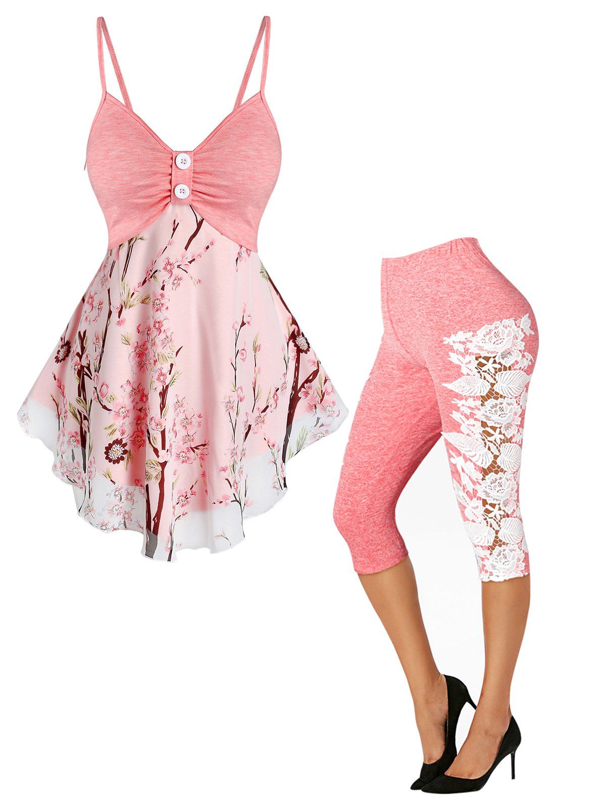 Floral Chiffon Cami Top and Crochet Capri Leggings Outfit - LIGHT PINK M