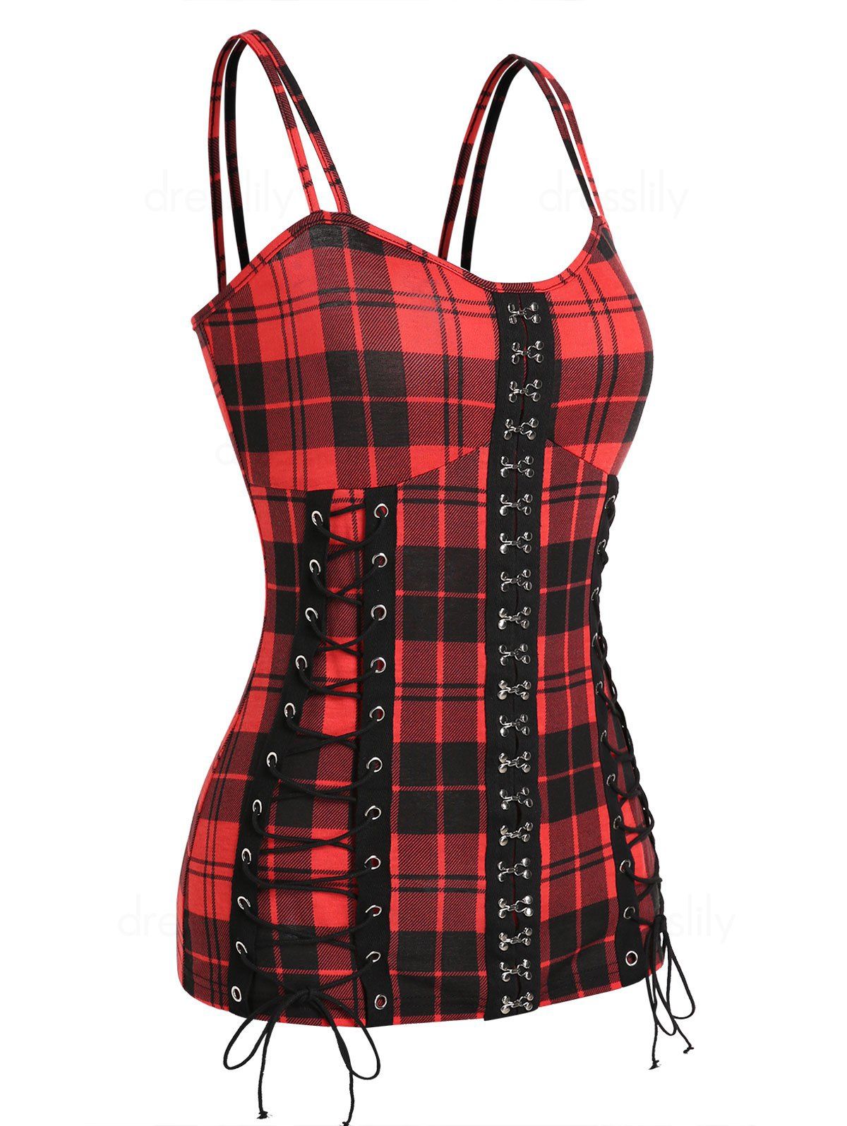 Plaid Hook and Eye Lace Up Cami Top - DEEP RED XXXL
