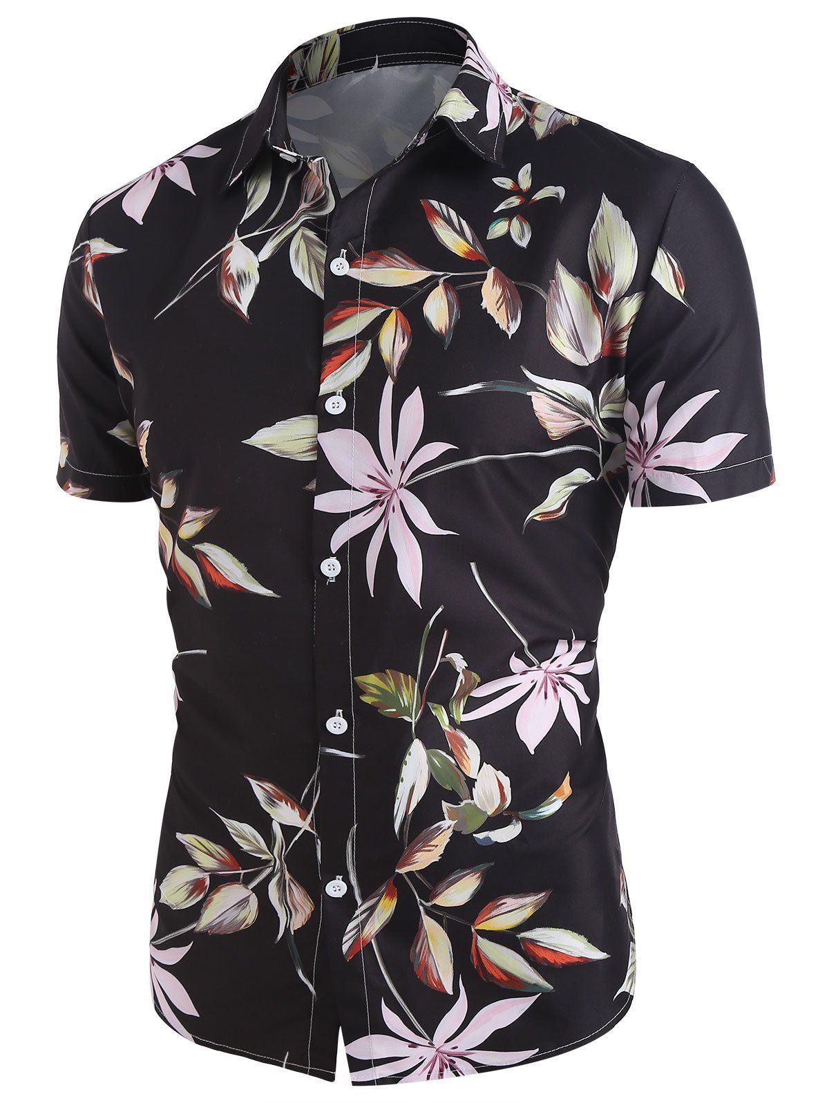 Flower Leaf Print Vacation Shirt - BLACK M