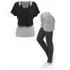 Cropped Tee and Heathered Tank Top Set & Ruched Skirted Leggings Outfit - BLACK M