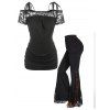 Tie Strap Lace Panel Tee and Ruched Flare Pants Outfit - BLACK M