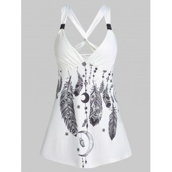 

Retro Dream Catcher Feather Print Twisted Cross Tank Top, White