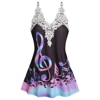 Guipure Lace Ombre Musical Notes Print Cami Top, Black