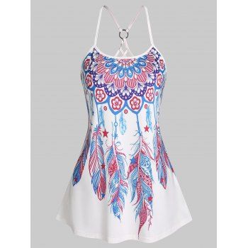 

Dreamcatcher Feather Print Lattice O Ring Cami Top, White