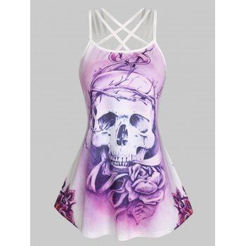 

Lattice Cross Skull Print Triple Strap Tank Top, White