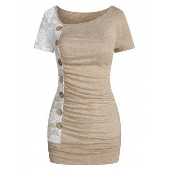 

Lace Panel Ruched Colorblock Skew Collar T-shirt, Light coffee