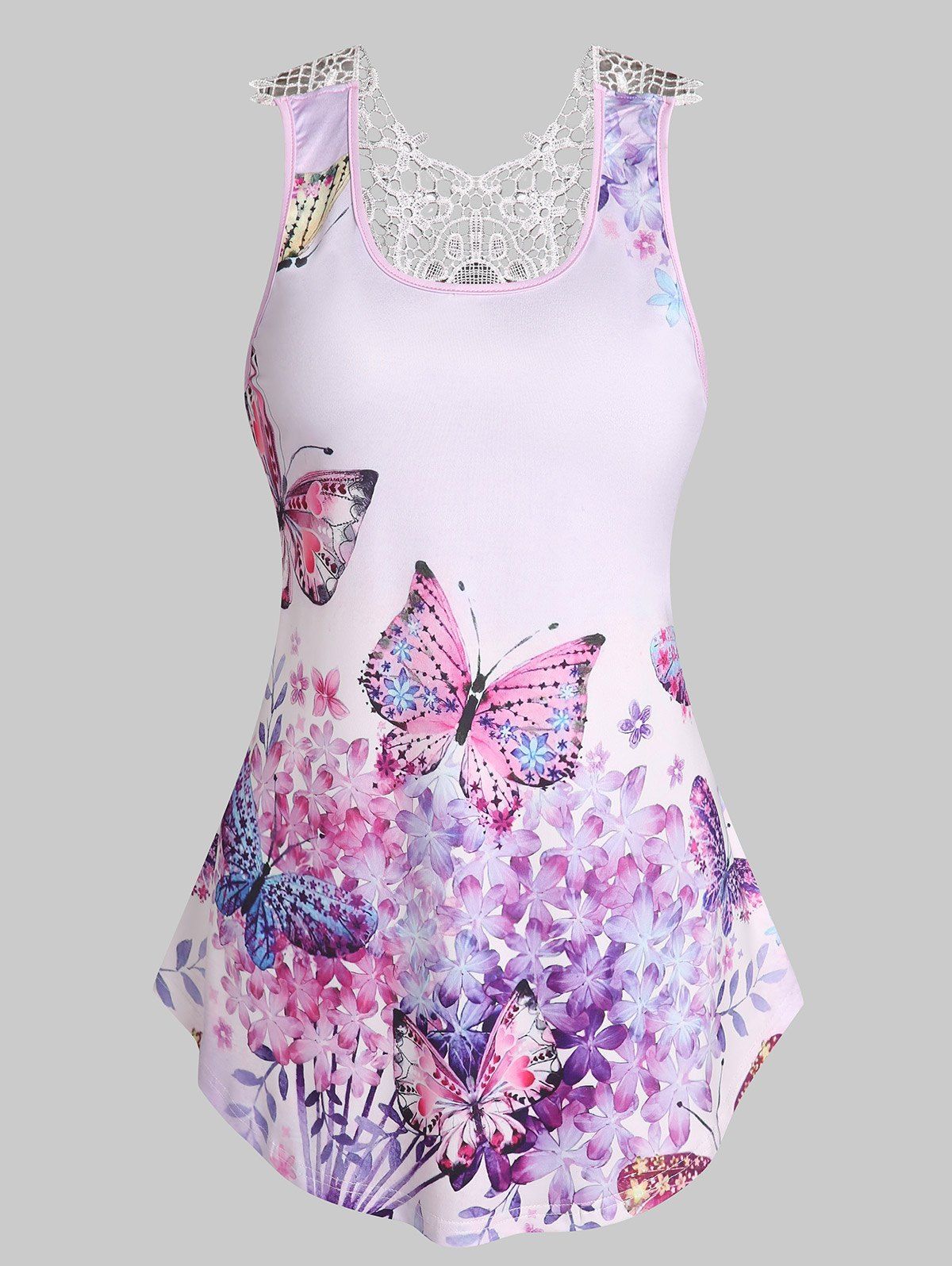 Floral Butterfly Print Lace Tank Top - LIGHT PURPLE M