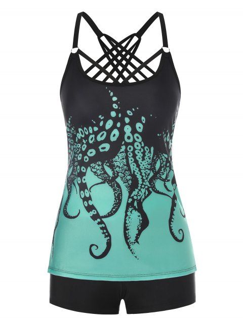Tummy Control Tankini Swimsuit Crisscorss Octopus Print Swimwear Boyshort Summer Beach Bathing Suit