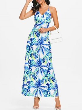 Vacation Sundress Tropical Leaf Palm Print Cross Strappy Surplice Maxi Dress