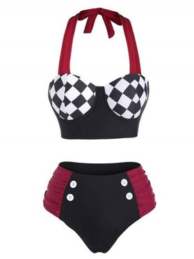 Tummy Control Bikini Swimsuit Checkerboard Contrast Colorblock Swimwear Corset Style Underwire Ruched Summer Beach Bathing Suit