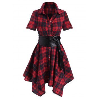 

Plaid Print Faux Leather Bowknot Belt Asymmetric Shirt Dress, Red