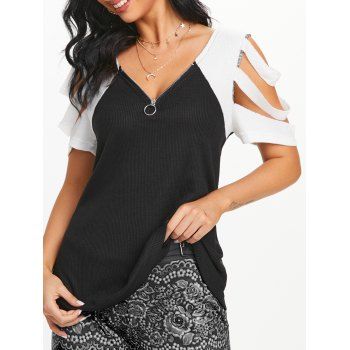 

Ladder Cutout Textured Quarter Zip Two Tone Top, Black