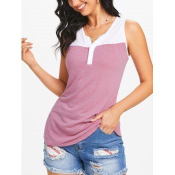 

Notched Collar Two Tone Henley Tank top, Light pink