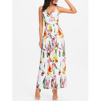 

Vacation Sundress Tropical Leaf Palm Print Cross Strappy Surplice Maxi Dress, White