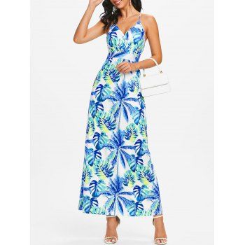 

Vacation Sundress Tropical Leaf Palm Print Cross Strappy Surplice Maxi Dress, Blue