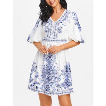 

Floral Print Puff Sleeve Elastic Waist Dress, White