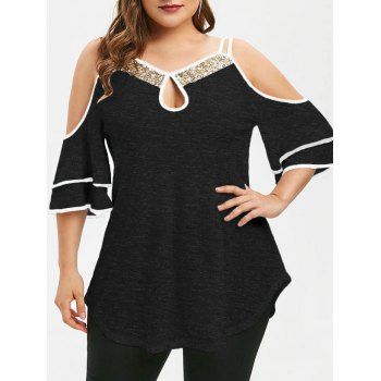 

Plus Size Sequins Cold Shoulder Double Strap Tee, Black