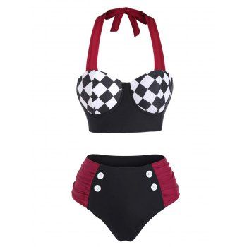 

Tummy Control Bikini Swimsuit Checkerboard Contrast Colorblock Swimwear Corset Style Underwire Ruched Summer Beach Bathing Suit, Black