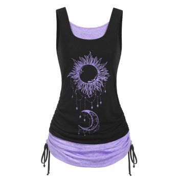 

Celestial Sun Moon Print Cinched Ruched Contrast Colorblock Tank Top, Light purple