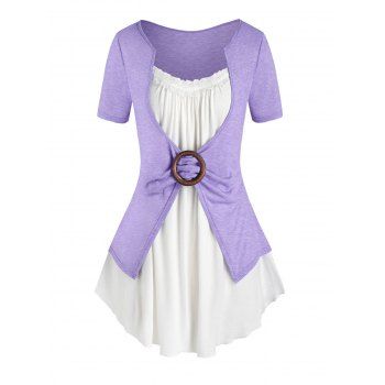 

Plus Size Lace Insert O Ring Faux Twinset Tee, Light purple