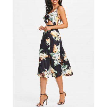 

Flower Print Vacation Midi Dress Knotted Cutout Side Slit Cami Dress Adjustable Straps Backless Dress, Black