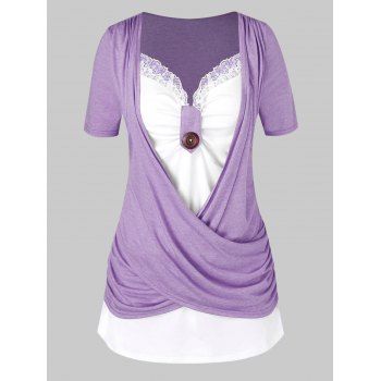 

Plus Size T Shirt Crossover Lace Panel Colorblock Casual Faux Twinset Tee, Light purple