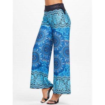 

Bohemian Flower Allover Print Wide Leg Buckle Pants, Blue