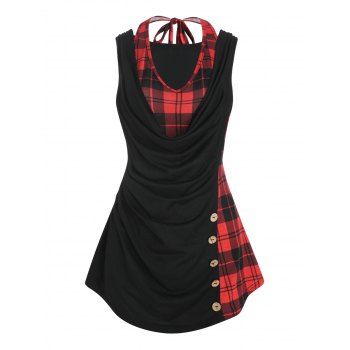 

Plaid Draped Twofer Ruched Tank Top, Black