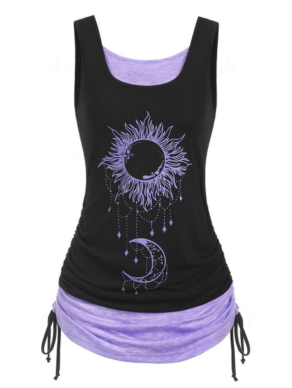 Débardeur Contrasté à Imprimé Lune Etoile et Soleil en Blocs de Couleurs à Volants - Violet clair L