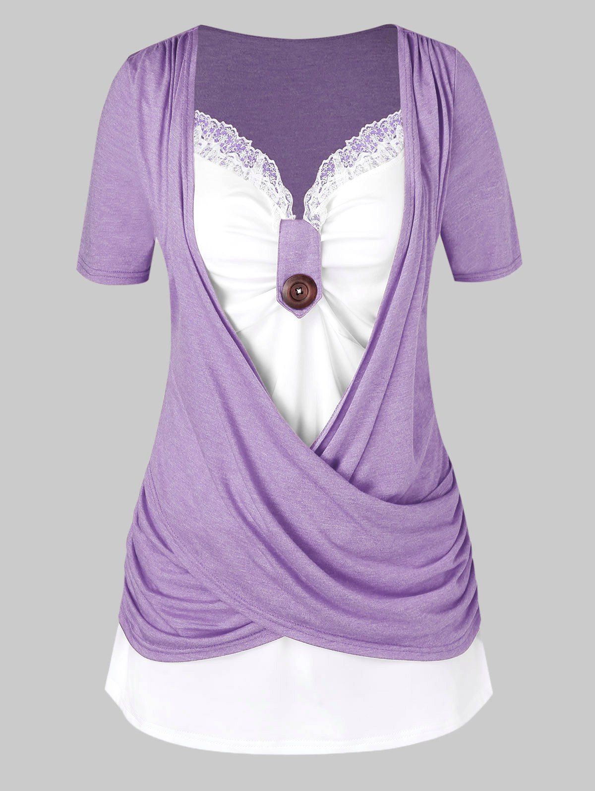 Plus Size T Shirt Crossover Lace Panel Colorblock Casual Faux Twinset Tee - LIGHT PURPLE 5X