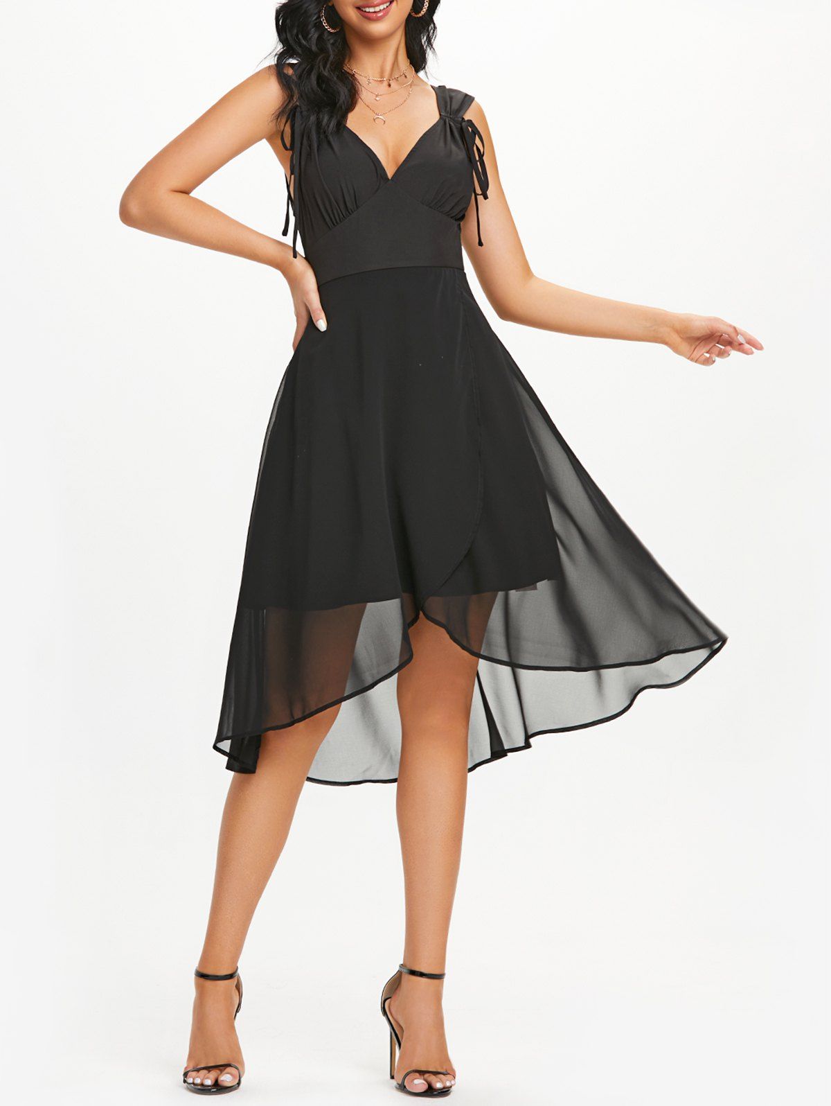 Plunging Neck Ruched Bust Chiffon Dress - BLACK L