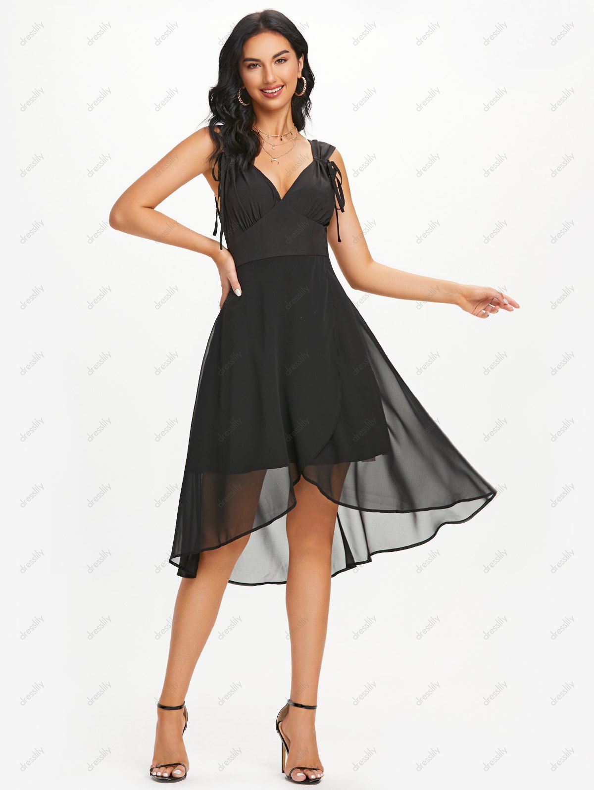 Plunging Neck Ruched Bust Chiffon Dress  