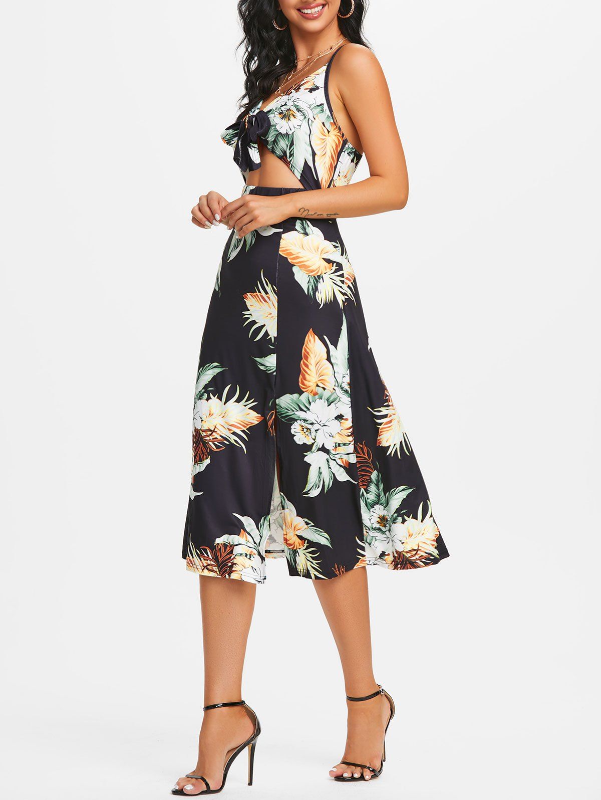Flower Print Vacation Midi Dress Knotted Cutout Side Slit Cami Dress Adjustable Straps Backless Dress - BLACK XL