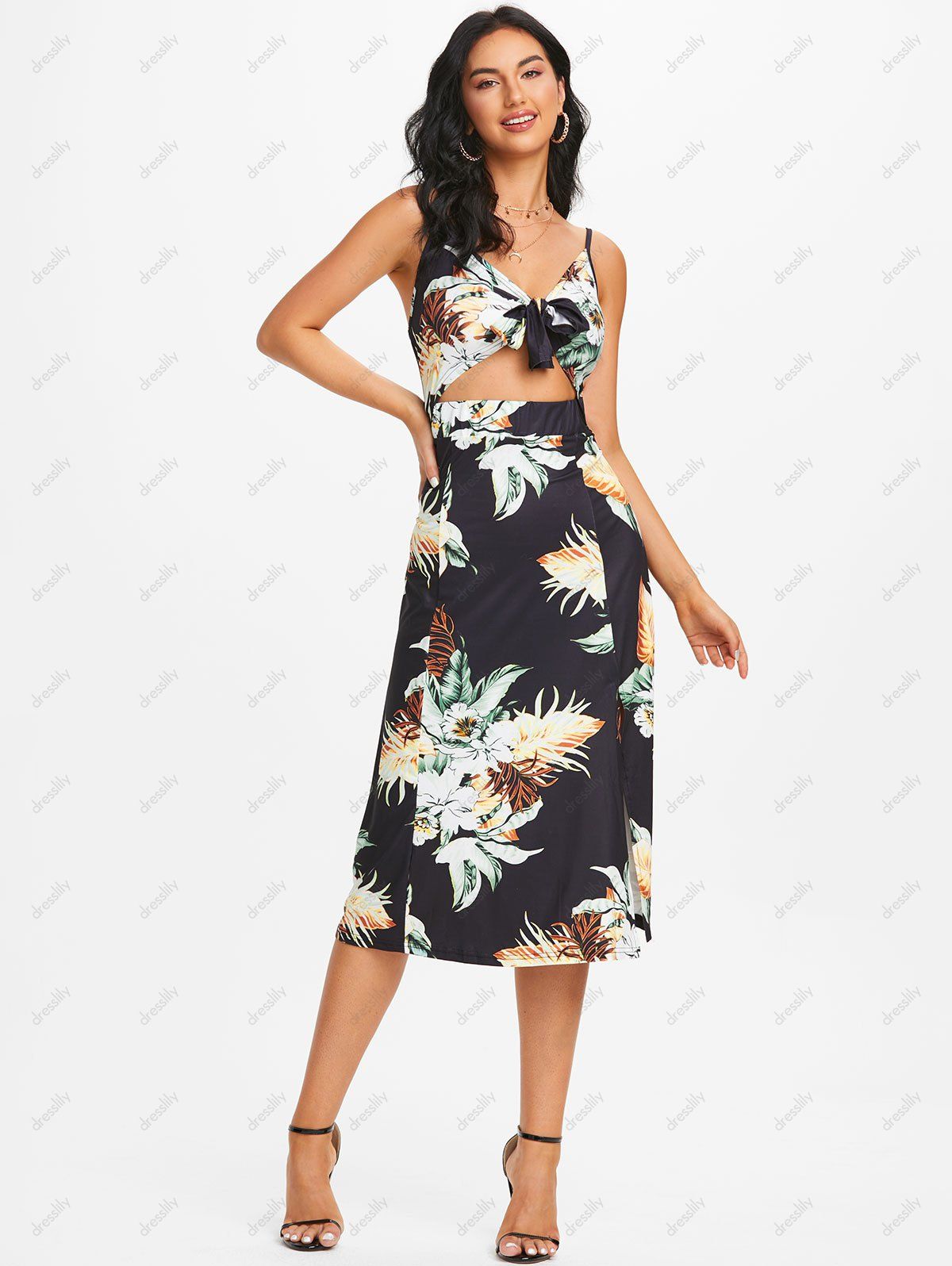 Flower Print Vacation Midi Dress Knotted Cutout Side Slit Cami Dress Adjustable Straps Backless Dress 