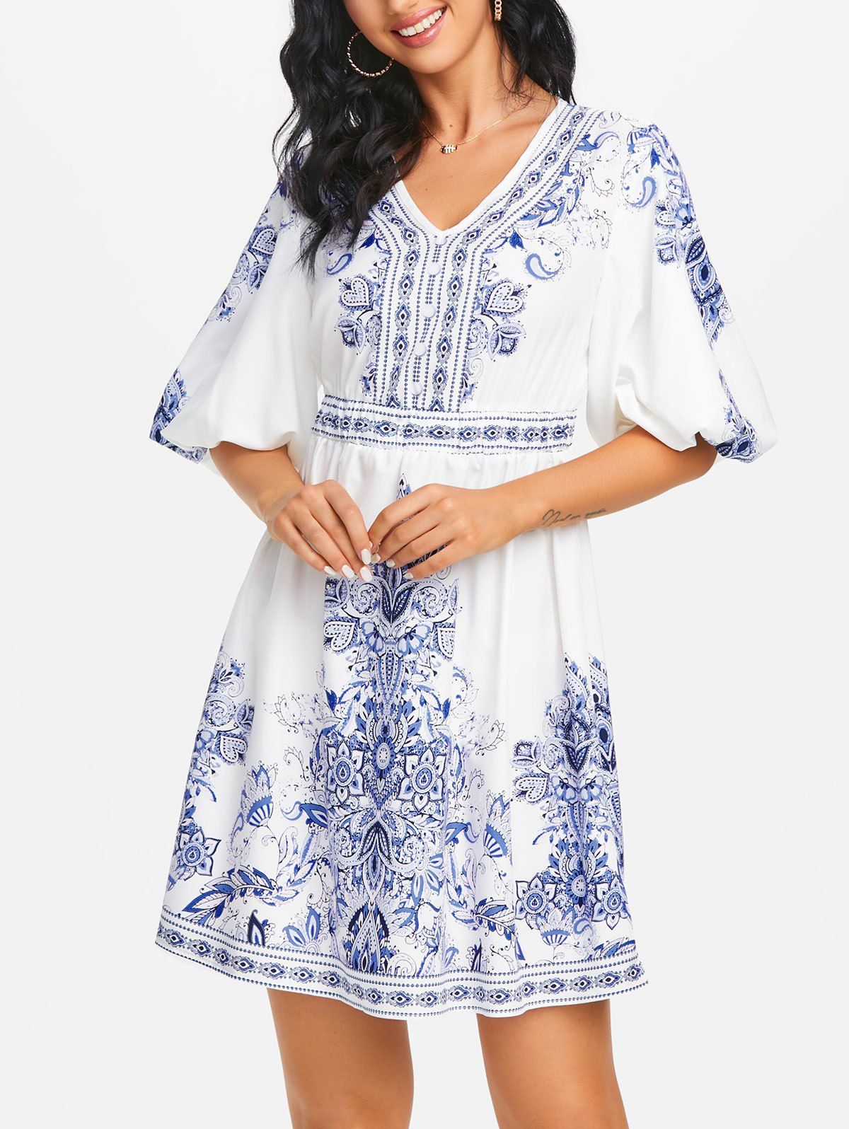 Floral Print Puff Sleeve Elastic Waist Dress - WHITE XL