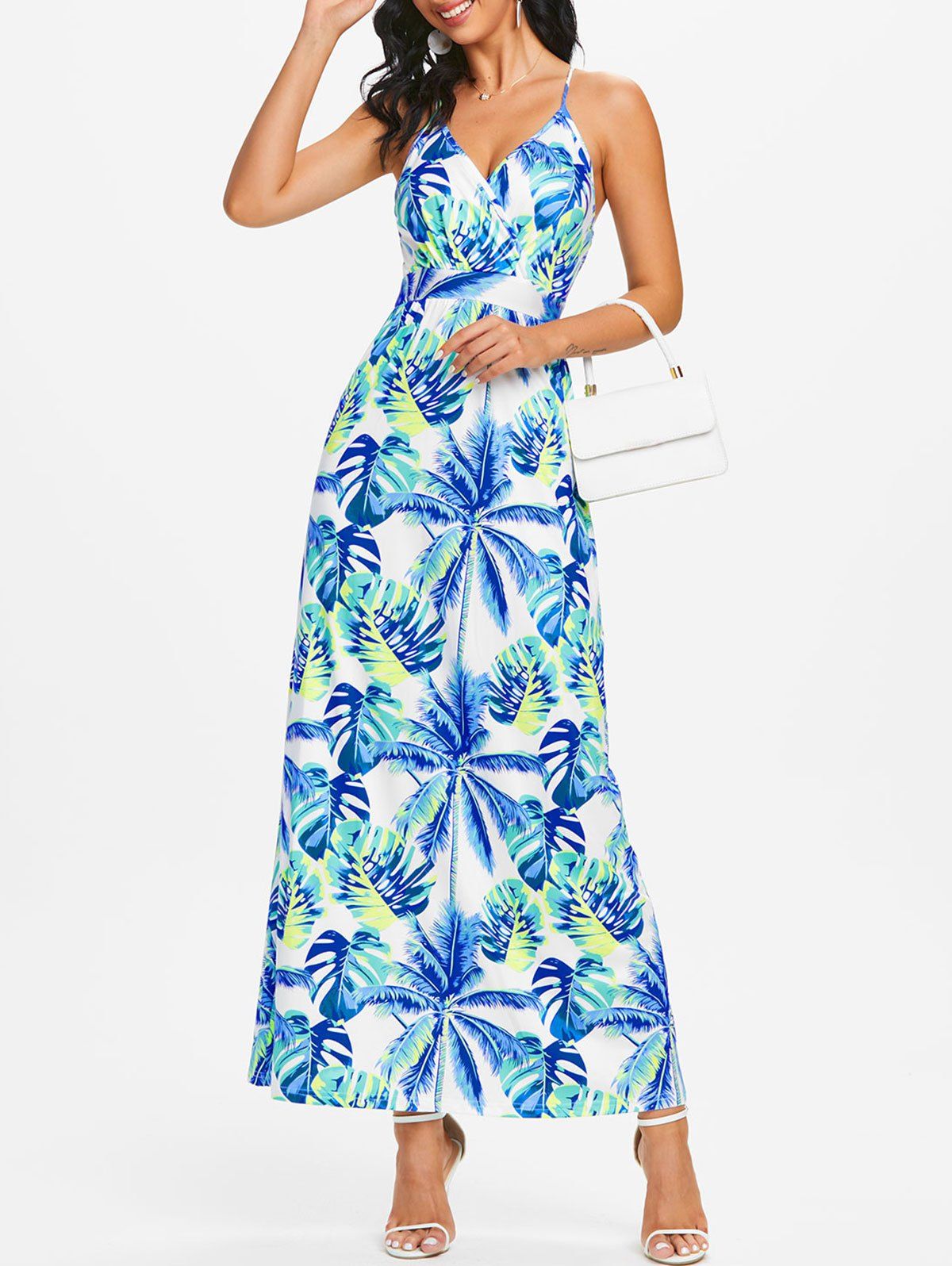 Vacation Sundress Tropical Leaf Palm Print Cross Strappy Surplice Maxi Dress - BLUE M