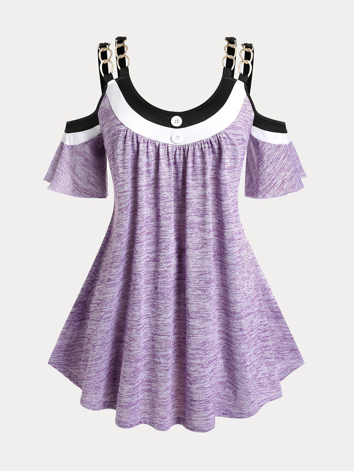 T-shirt Chiné Chaîne à Epaule Dénudée de Grande Taille - Violet clair 4X | US 26-28