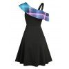 Plaid Cold Shoulder Skew Collar Godet Dress - BLACK L