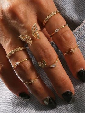 8 Pcs Butterfly Floral Rhinestone Alloy Ring Set