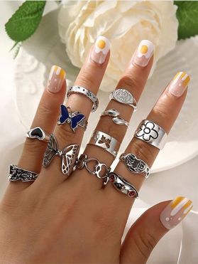12 Pcs Butterfly Heart Hollow Out Ring Set