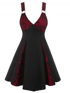 Gothic Dress Skull Lace Mini Dress Plunging Neck O Ring Mini Dress Sleeveless Godet Dress