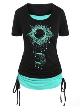 Plus Size Celestial Sun Moon Print Cinched 2 In 1 Tee