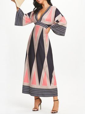 Bohemian Geometric Striped Print Maxi Dress Plunge Flare Sleeve High Waist Long Dress
